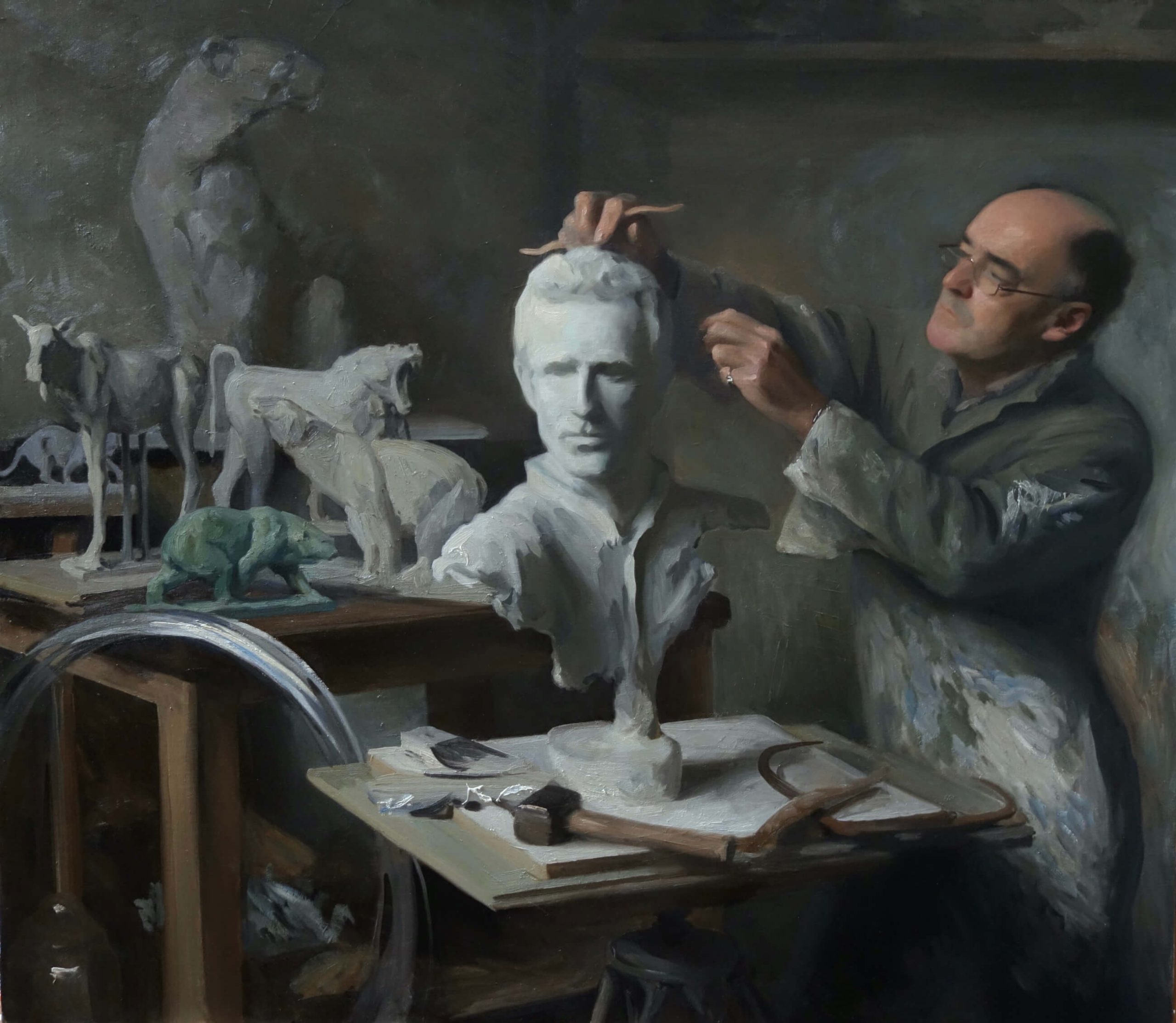 Portait of Jamie Coreth's dad making a sculpture of Jamie Coreth. He is in his studio, there appears to be other sculptures present and the painting overall has a lot of grey undertones